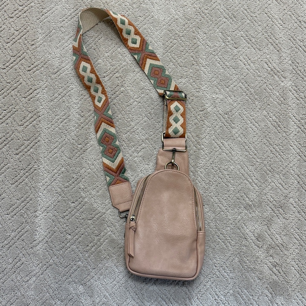 Anthropologie Pink Crossbody Bag with Patterned Strap
